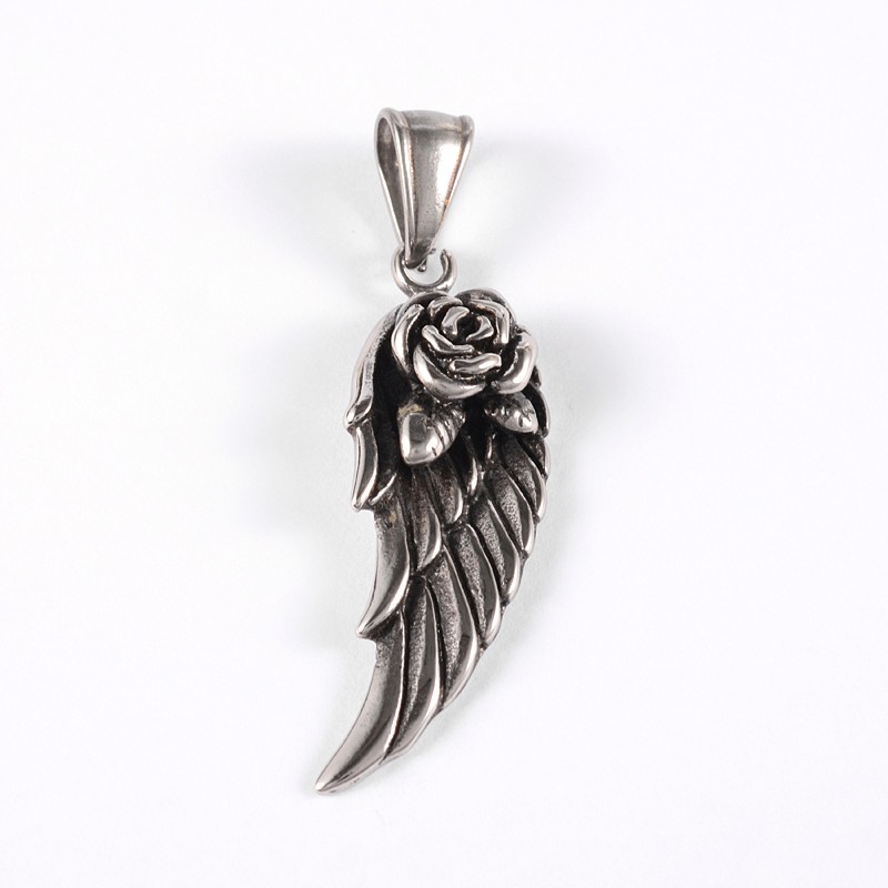 PandaHall 316 Stainless Steel Pendants, Wing with Rose, Antique Silver, 38x14x7mm, Hole: 8x4mm Stainless Steel Wing