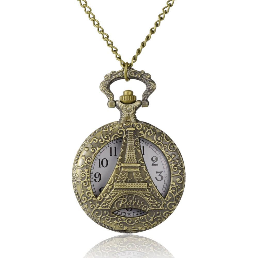 PandaHall Flat Round with Eiffel Tower Alloy Quartz Pocket Watches, with Iron Chains and Lobster Claw Clasps, Antique Bronze, 30.7"; Watch...