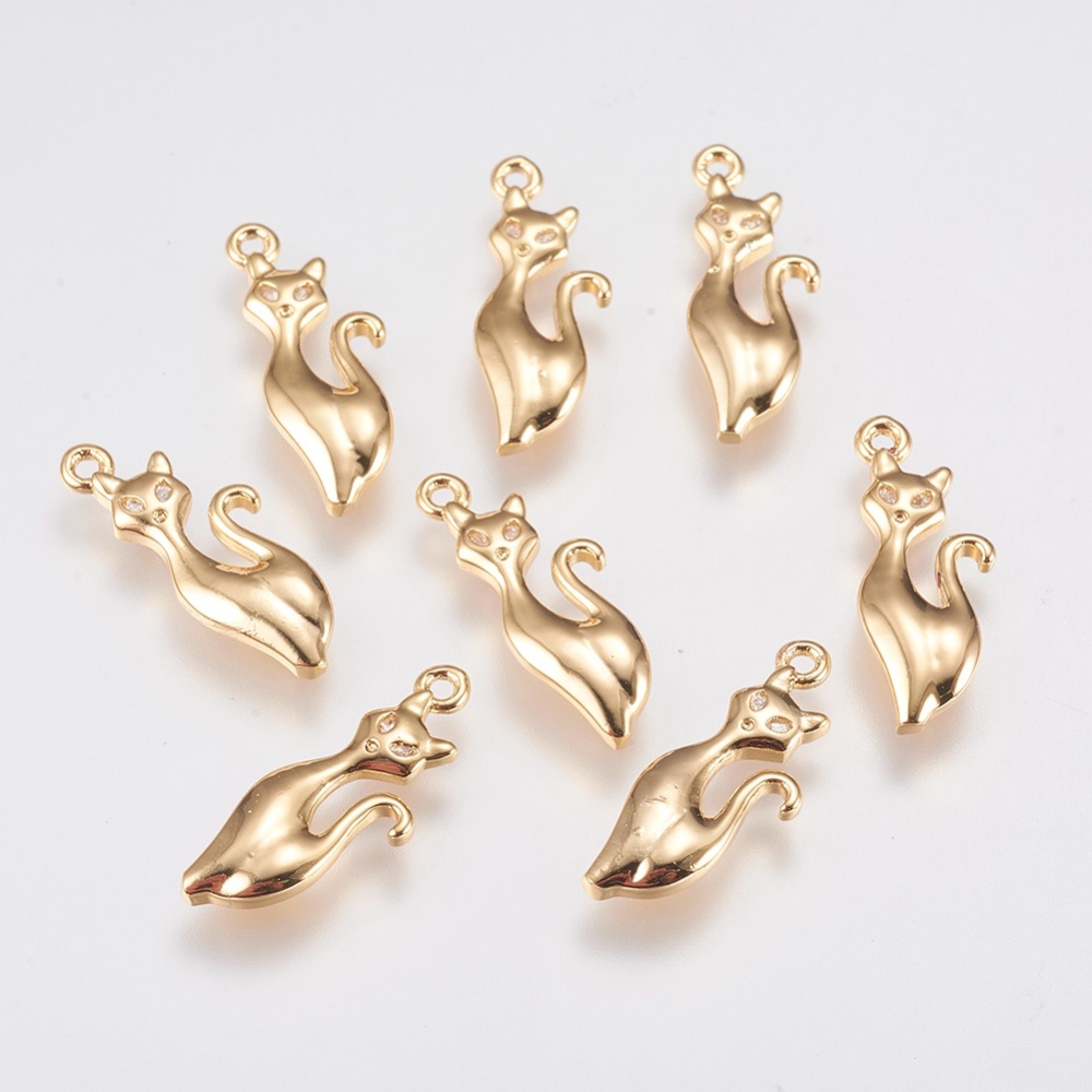 PandaHall Brass Micro Pave Cubic Zirconia Pendants, Cat, Real Gold Plated, 18x7x1.5mm, Hole: 1mm Brass+Cubic Zirconia Cat Clear
