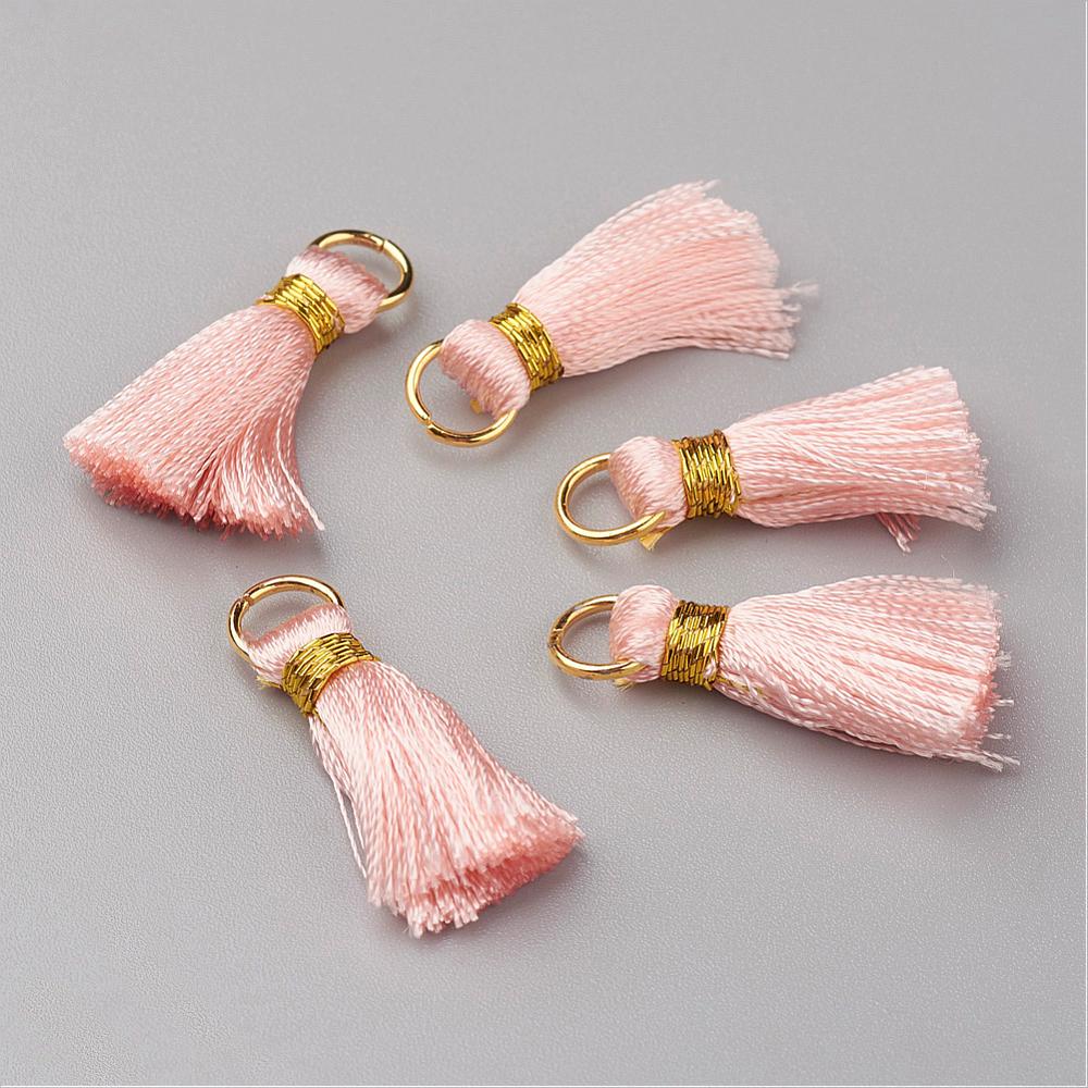 PandaHall Nylon Tassel Pendant Decoration, with Brass Findings, Golden, Pink, 23~27x5mm, Hole: 4mm Nylon Pink