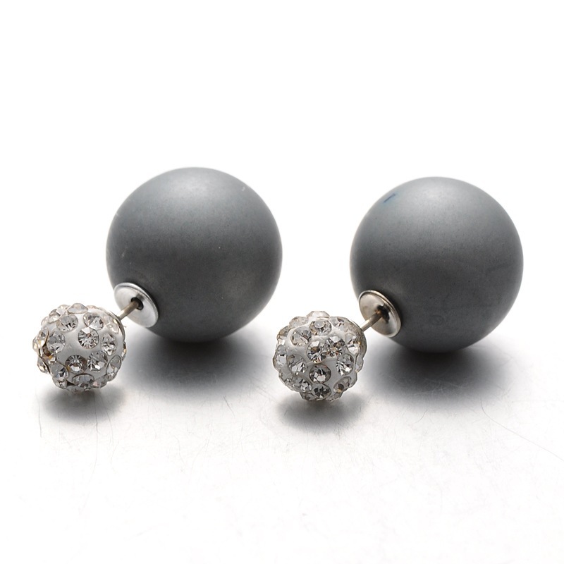 PandaHall Frosted Plastic Pearl with Polymer Clay Rhinestone Ball Stud Earrings, Gray, 8~16mm, Pin: 0.8mm Plastic Gray