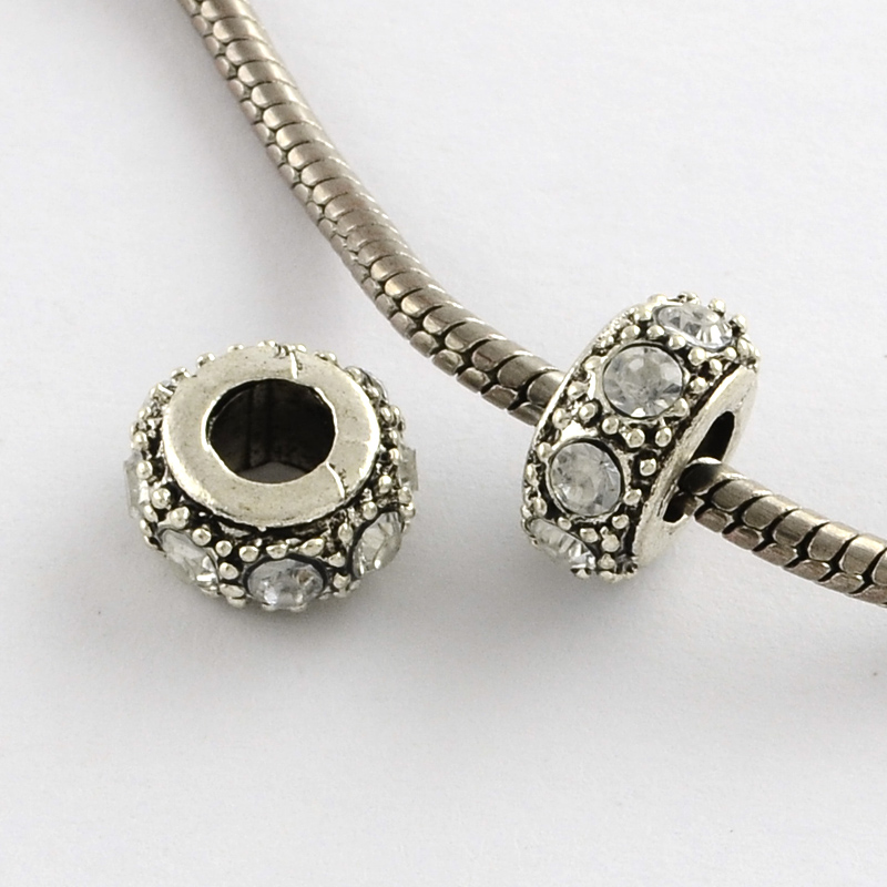 PandaHall Alloy Rhinestone Rondelle Large Hole European Beads, Antique Silver, Crystal, 12~13x6.5mm, Hole: 5~5.5mm Alloy+Rhinestone Rondelle