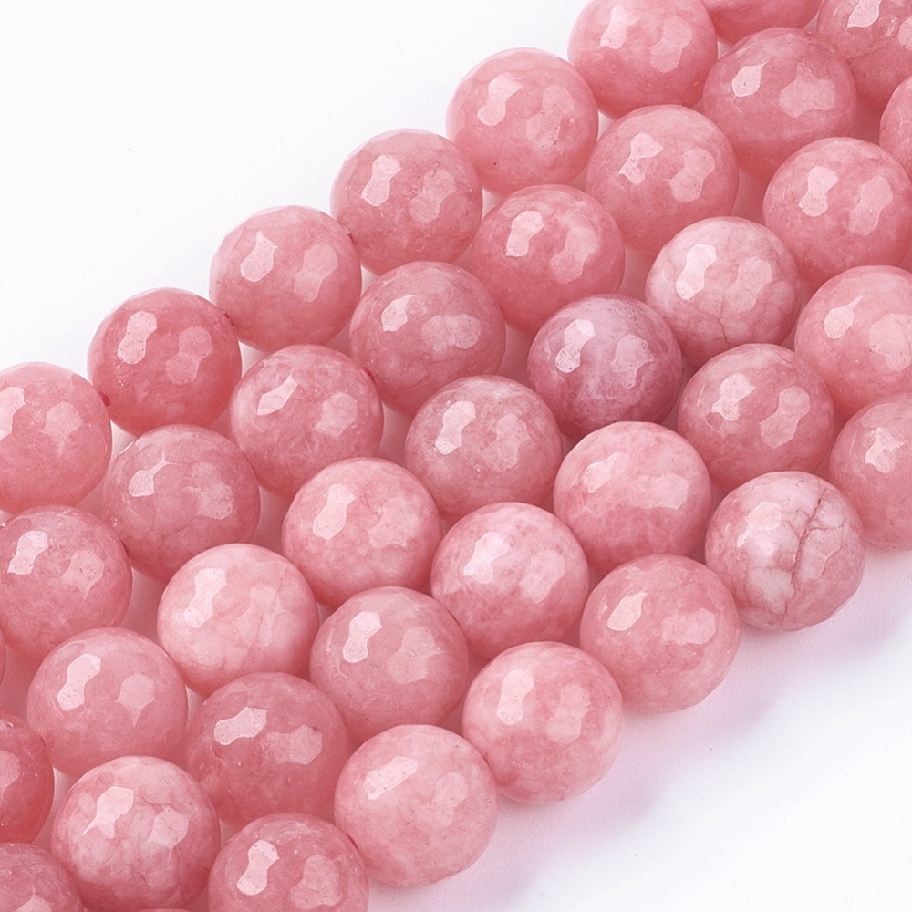 PandaHall Natural Jade Bead Strands, Dyed, Faceted, Round, PearlPink, 10mm; Hole: 1mm; 38pcs/strand, 14.5" Other Jade Round Pink