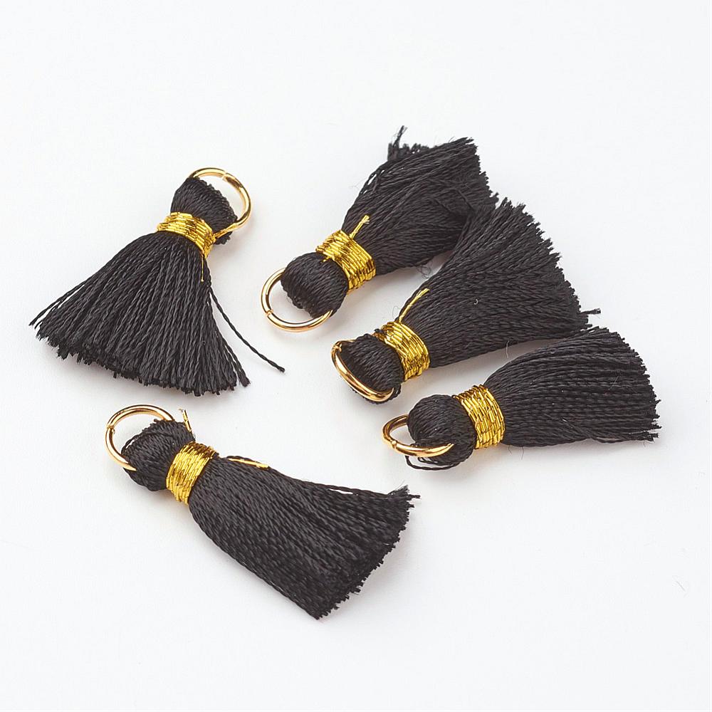 PandaHall Nylon Tassel Pendant Decoration, with Brass Findings, Golden, Black, 23~27x5mm, Hole: 4mm Nylon Black