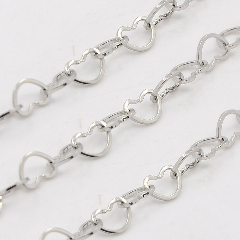 PandaHall 304 Stainless Steel Cross Chains, Decorative Heart Chain, Stainless Steel Color, 4x0.5mm Stainless Steel
