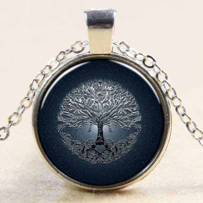 PandaHall Tree Of Life Pattern Flat Round Glass Pendant Necklaces, with Alloy Chains, Silver, 18" Alloy