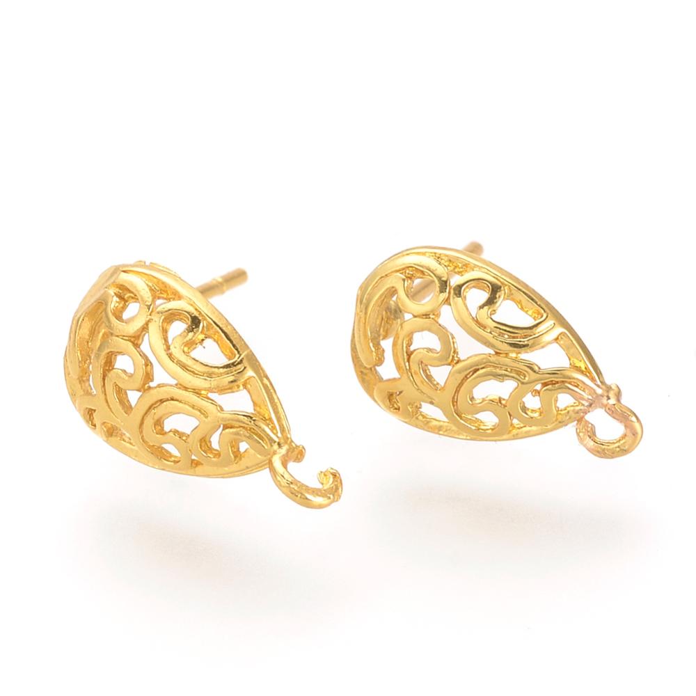 PandaHall Brass Stud Earring Findings, Golden, 12.5x7mm, Hole: 1mm; Pin: 0.5mm Brass