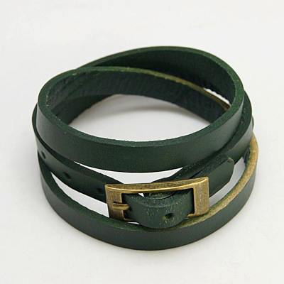 PandaHall Leather Triple Wrap Bracelets, with Iron Clasps, Green, 23-5/8"~24-1/2"x3/8"(600~620x8.5mm) Leather Green