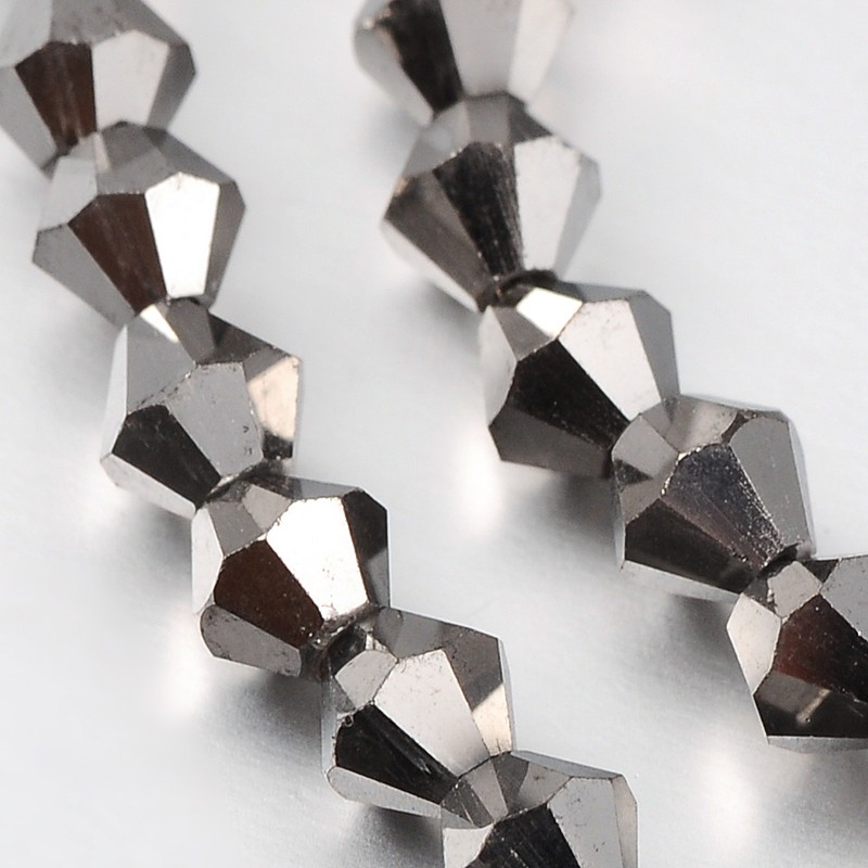 PandaHall Faceted Bicone Electroplate Glass Beads Strands, Platinum Plated, 4x4mm, Hole: 1mm; about 115~118pcs/strand, 18.5" Bicone Gray