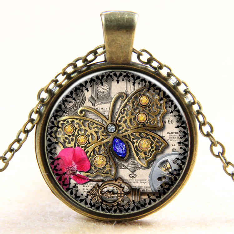 PandaHall Butterfly Pattern Flat Round Glass Pendant Necklaces, with Alloy Chains, Antique Bronze, 18" Alloy