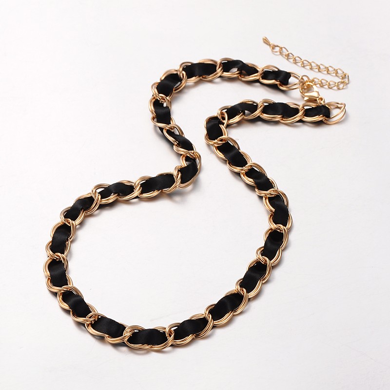 PandaHall Golden Tone Iron Double Link Chain Necklaces, with Ribbon, Alloy Lobster Claw Clasps and Iron End Chains, Black, 20" Iron Black
