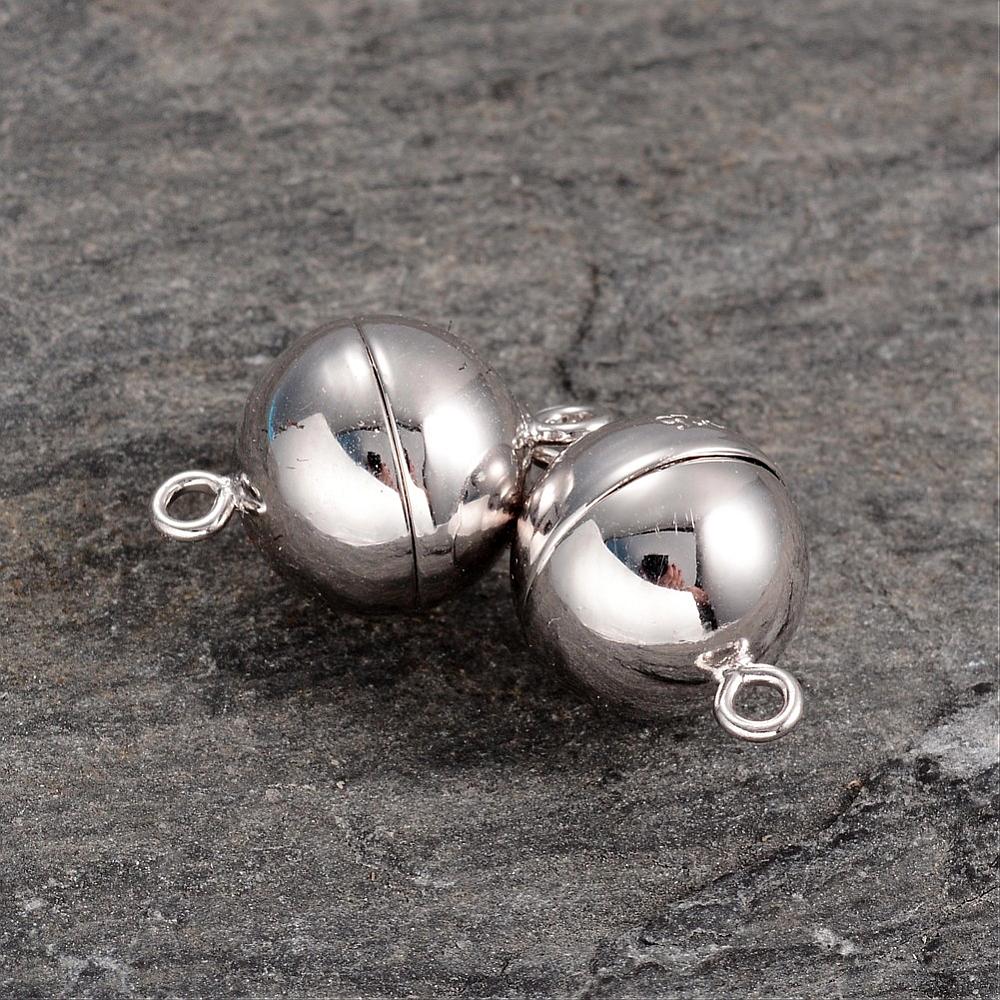 PandaHall Platinum Plated Sterling Silver Round Magnetic Clasps, 16x10mm, Hole: 1mm Sterling Silver Round