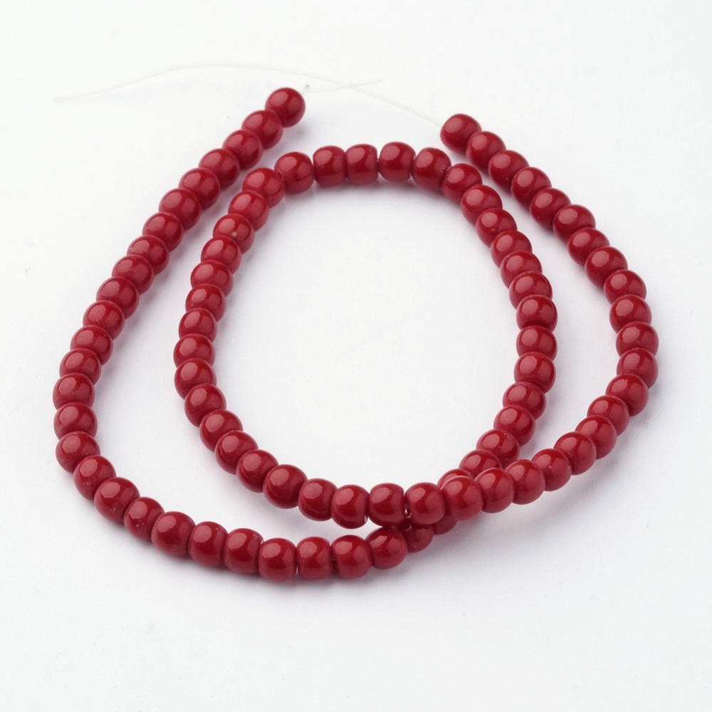 PandaHall Opaque Glass Bead Strands, Round, Dyed, FireBrick, 4mm, Hole: 1mm; about 72pcs/strand, 10.3" Glass Round Red