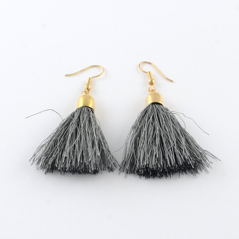 PandaHall Nylon Thread Tassel Earrings for Carnival, with Golden Tone Iron Earring Hooks, Gray, 50~55mm; Pin: 1mm Nylon Gray