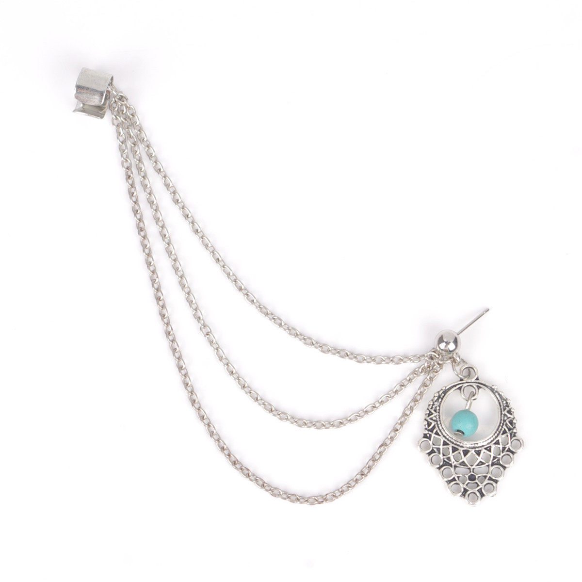 PandaHall Retro Water Drop Turquoise and Twisted Chains Alloy Cuff Earrings, Antique Silver, 160mm Alloy