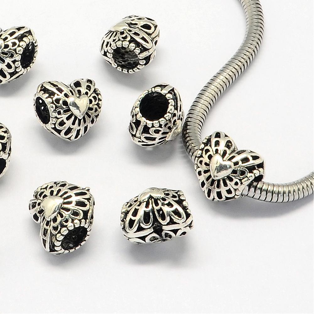 PandaHall Alloy European Beads, Large Hole Beads, Heart, Antique Silver, 11x11x9mm, Hole: 4.5mm Alloy Heart