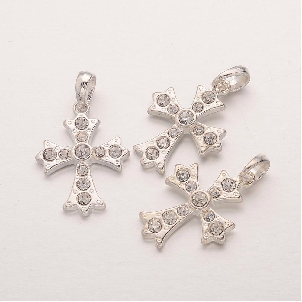 PandaHall Zinc Alloy Pendants, with Grade  A Rhinestone, Cross, Silver, about 23mm wide, 31mm long, 5mm thick, hole: 3mm Alloy+Rhinestone...