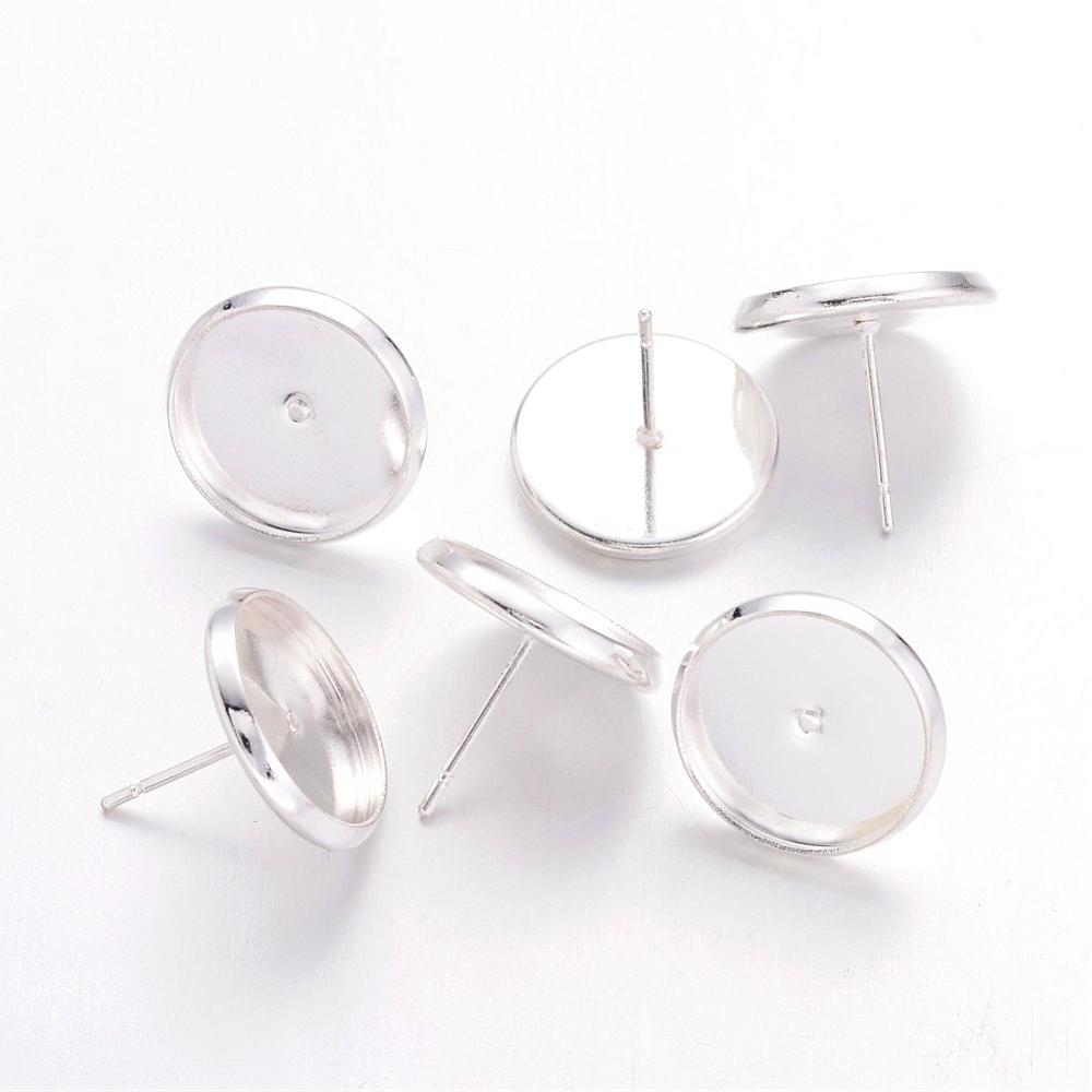 PandaHall Silver Metal Color Brass Ear Studs Settings, Tray: 12mm; 12mm; Pin: 1mm Brass
