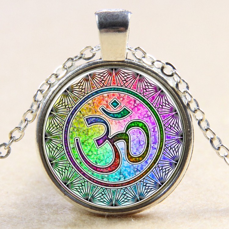 PandaHall Flat Round with Rainbow Yoga Glass Alloy Pendant Necklaces, Silver, 17.7" Glass