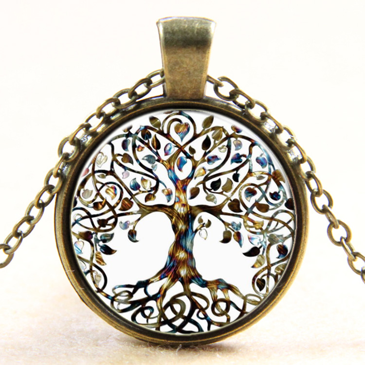 PandaHall Tree Of Life Pattern Flat Round Glass Pendant Necklaces, with Alloy Chains, Antique Bronze, 18" Alloy