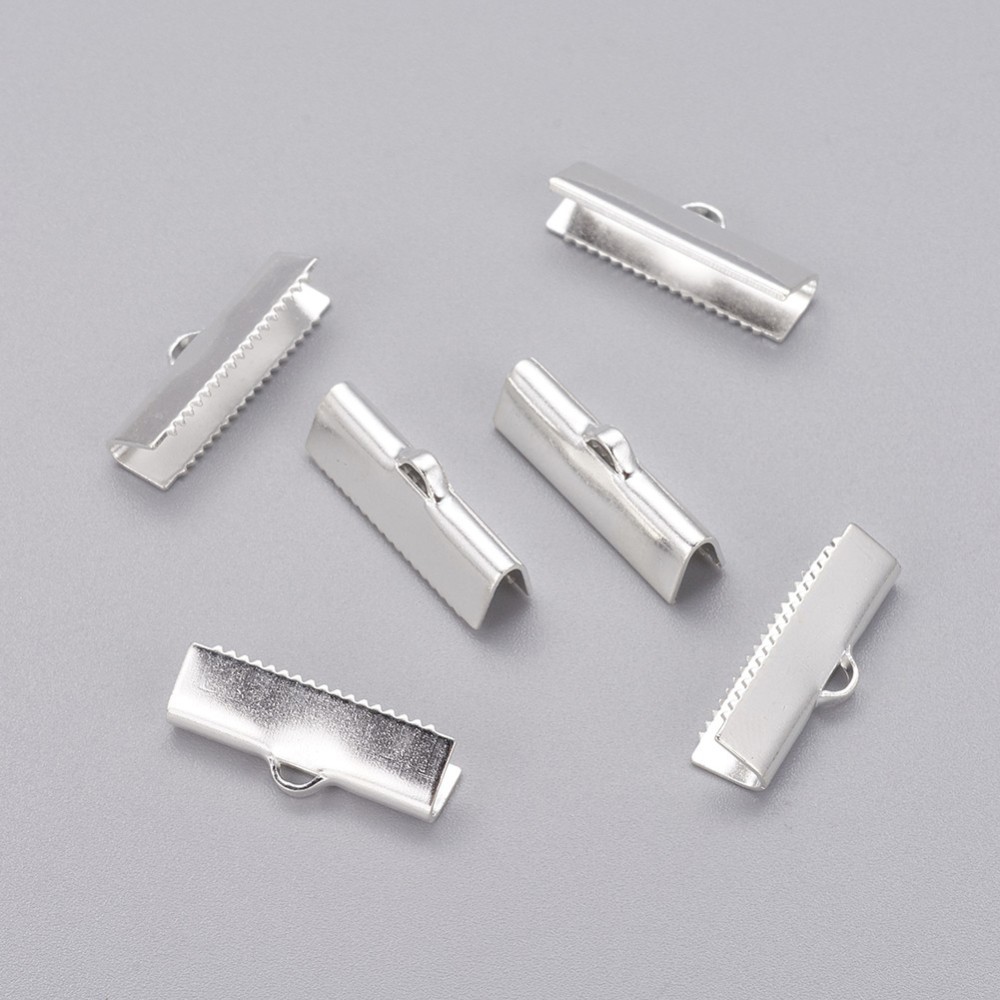 PandaHall Brass Ribbon Ends, Lead Free and Cadmium Free, Silver Color, Size: about 20mm long, 4mm thcik, hole: 1x3mm Brass Silver