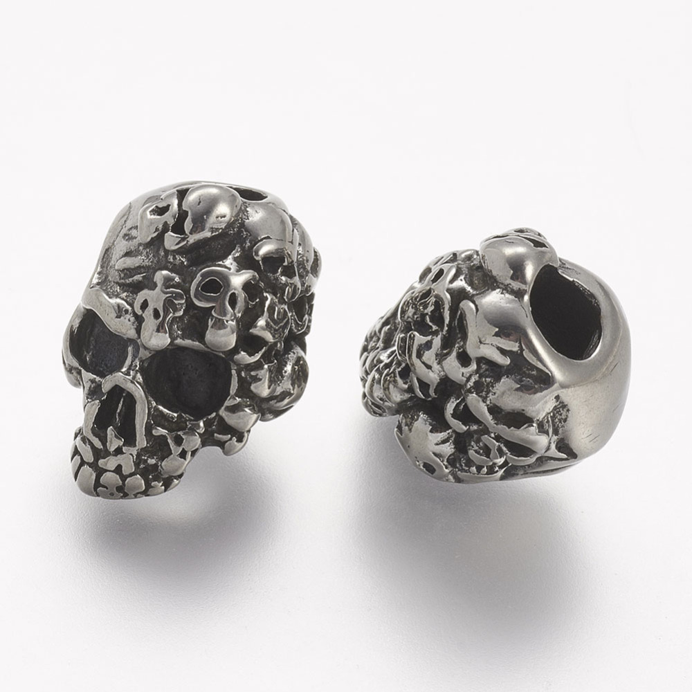 PandaHall 304 Stainless Steel European Beads, Skull, Large Hole Beads, Antique Silver, 15.5x11x11.5mm, Hole: 4mm Stainless Steel Skull