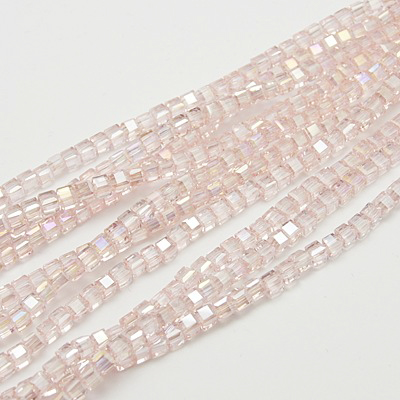 PandaHall Electroplate Glass Beads Strands, AB Color Plated, Faceted, Cube, Pink, 4x4x4mm, Hole: 1mm Cube Pink