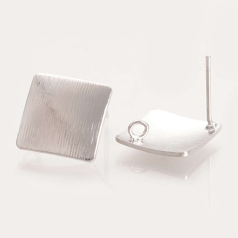 PandaHall Brass Ear Stud Findings, Rhombus, Real Platinum Plated, 17.5x17.5mm, Hole: 1.5mm; pin: 0.5mm Brass