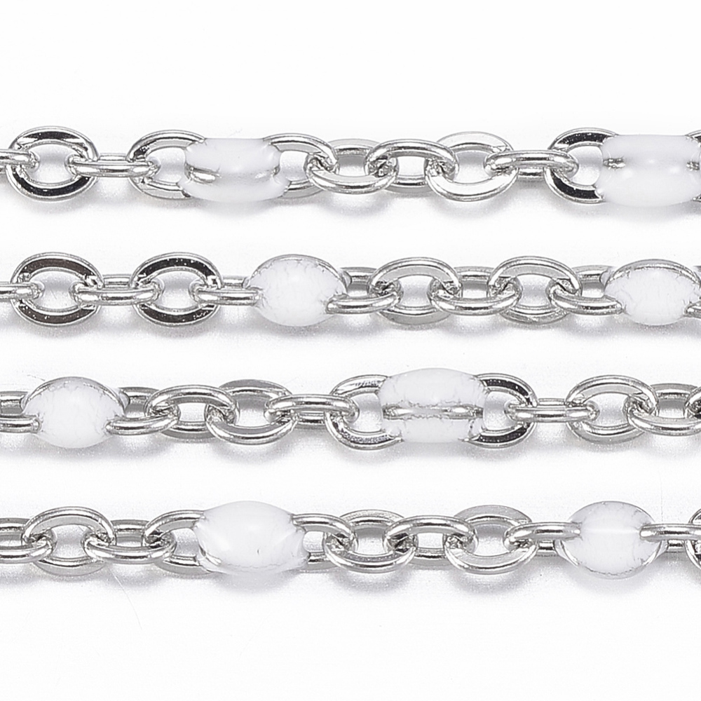 PandaHall 304 Stainless Steel Cable Chains, with Spool, with Enamel, Stainless Steel Color, White, Links: 2x1.5x0.5mm; 10m/Roll Stainless...