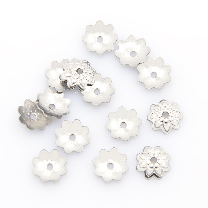 PandaHall 304 Stainless Steel 8-Petal Flower Bead Caps, Stainless Steel Color, 7x1.5mm, Hole: 1mm; about 52pcs/5g Stainless Steel