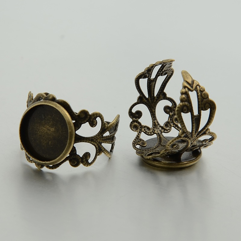 PandaHall Adjustable Brass Filigree Ring Setting Components, Flat Round Pad Ring Bases, Nickel Free, Antique Bronze, 18mm, Tray: 12mm Brass