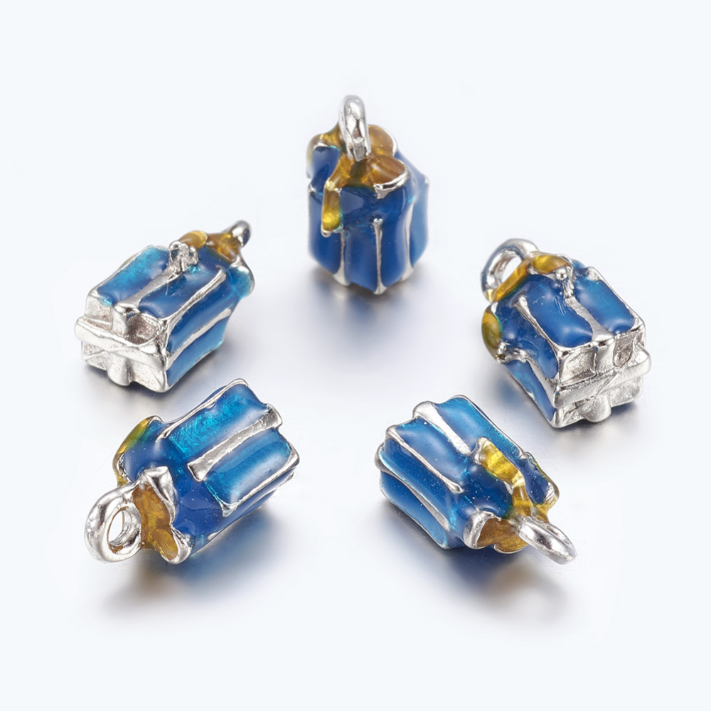 PandaHall Alloy Enamel Charms, Christmas Box, Platinum, DeepSkyBlue, about 7mm long, 7mm wide, 13mm thick, hole: 1.5mm Alloy+Enamel Box Blue