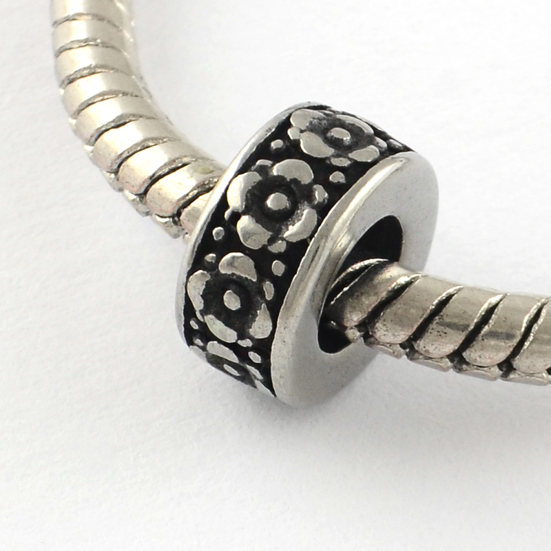 PandaHall Vintage Donut with Flower 316 Stainless Steel European Bead, Large Hole Beads, Antique Silver, 9x4mm, Hole: 4.5mm Stainless Steel...