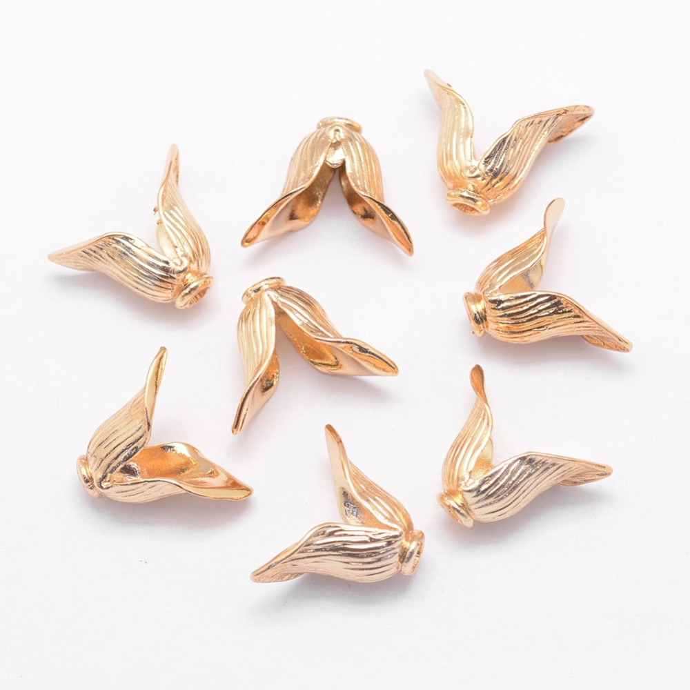 PandaHall 2-Petal Rack Plating Brass Bead Caps, Light Gold, 13x17x8mm, Hole: 2mm; Inner Diameter: 8mm Brass