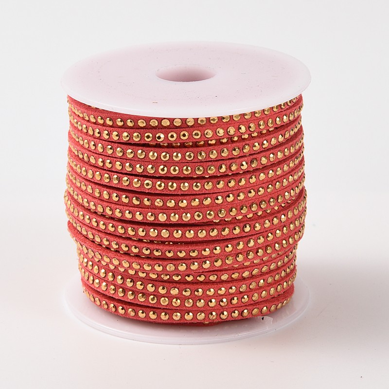 PandaHall Rivet Faux Suede Cord, Faux Suede Lace, with Aluminum, IndianRed, 3x2mm; about 20yards/roll Suede Red