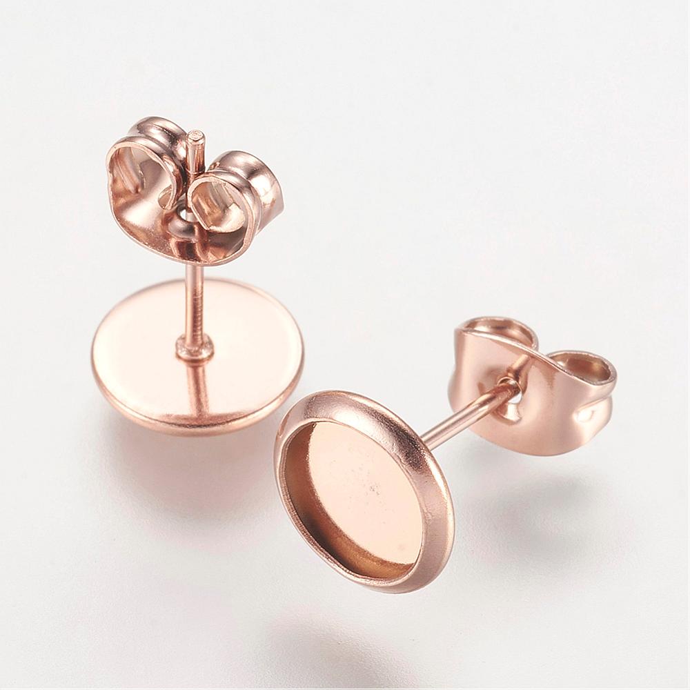 PandaHall 304 Stainless Steel Stud Earrings Findings, Furnace Electroplating, Flat Round, Rose Gold, Tray: 6mm; Pin: 0.9mm Stainless Steel