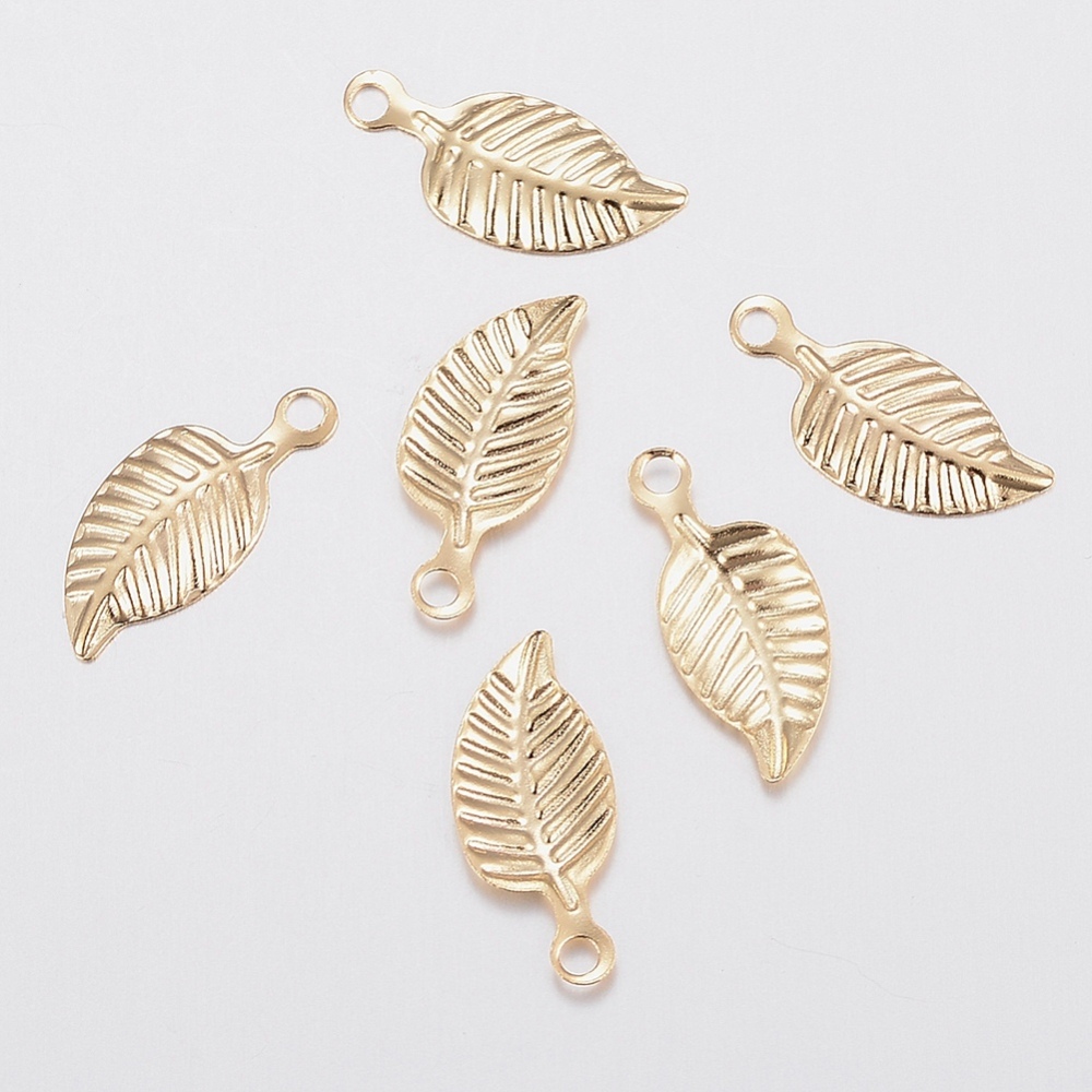 PandaHall 304 Stainless Steel Charms, Leaf, Golden, 14.5x6x1mm, Hole: 1.2mm Stainless Steel Leaf