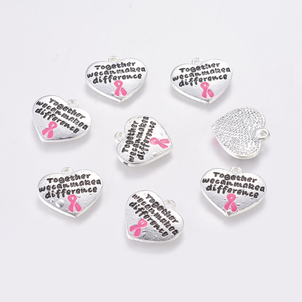 PandaHall Silver Tone Heart with Breast Cancer Pink Awareness Ribbon Alloy Affirmation Message Enamel Pendants, Black and Red, 18x19x2mm...