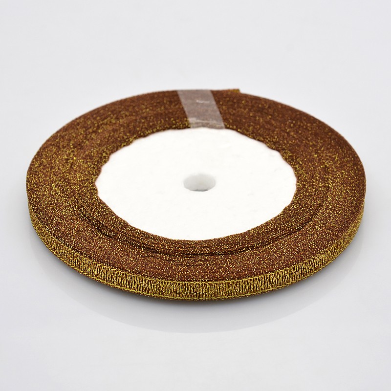 PandaHall 1/4"(6mm) Peru Sparkle Ribbon Valentines Day Gifts Boxes Packages Satin Ribbon, about 25yards/roll(22.86m/roll) Polyester Brown