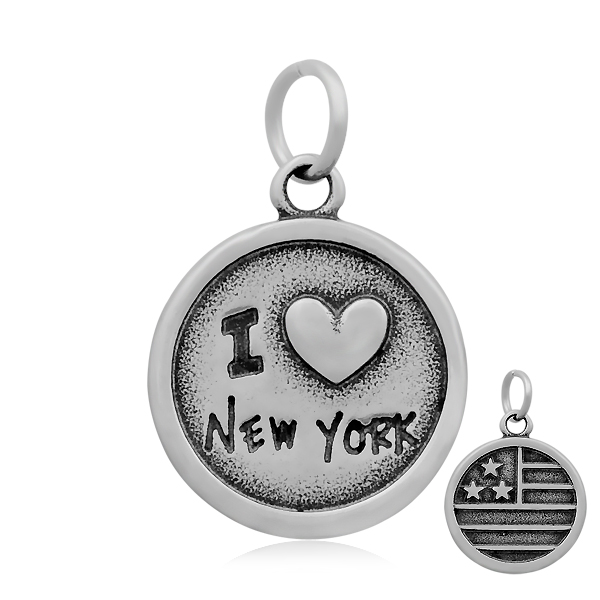 PandaHall 316 Stainless Steel Pendants, Flat Round with Word New York, Antique Silver, 22x18x3mm, Hole: 5mm Stainless Steel Flat Round