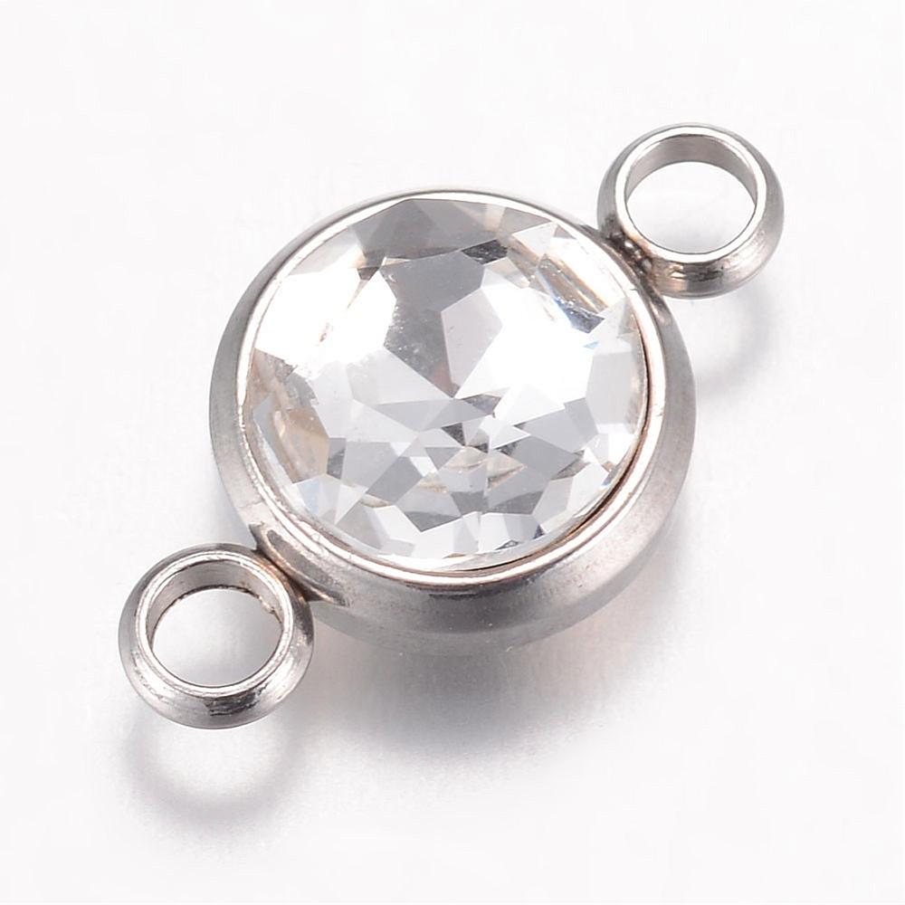 PandaHall K9 Glass Links, Faceted, with 304 Stainless Steel Findings, Flat Round, Stainless Steel Color, Crystal, 17.5x10x6.5mm, Hole: 2.5mm...