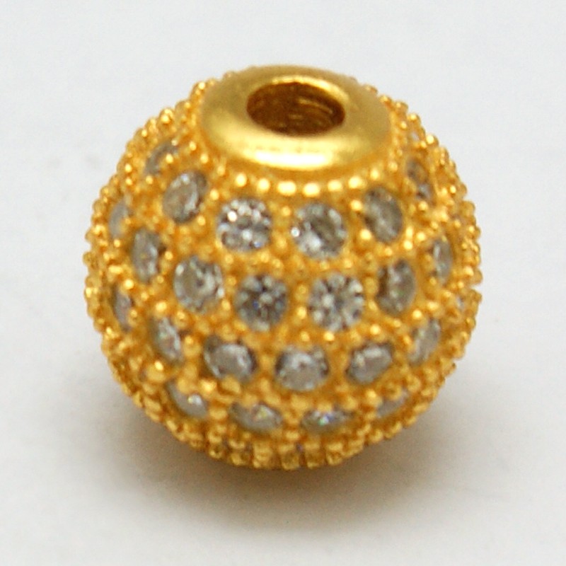 PandaHall Round 925 Sterling Silver Beads, with Micro Pave Cubic Zirconia, Golden, 8mm, Hole: 1mm Sterling Silver+Cubic Zirconia Round