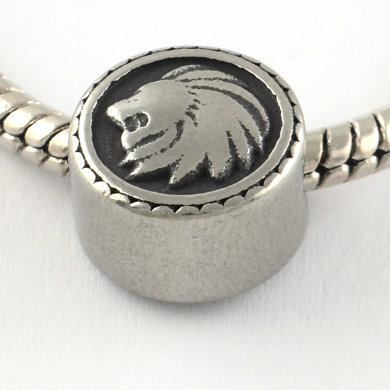 PandaHall Vintage Flat Round with Lion 316 Stainless Steel European Beads, Large Hole Beads, Antique Silver, 11~11.5x8~9mm, Hole: 4.5mm...