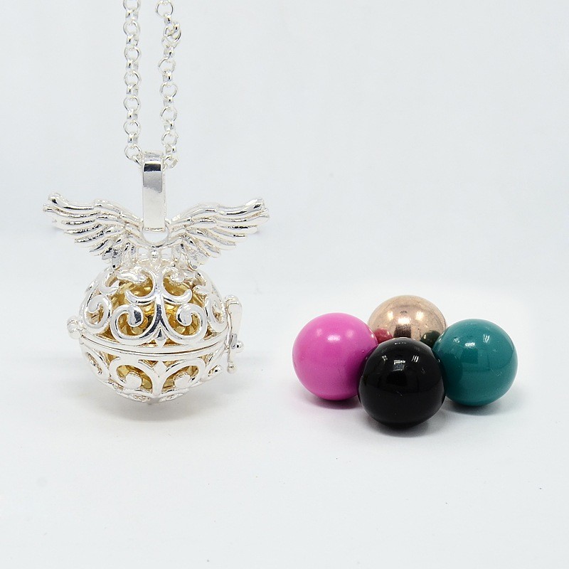 PandaHall Brass Chime Ball Cage Pendant Necklaces, with Brass Rolo Chain and Lobster Claw Clasps, Wing, Silver, 31.1" Brass