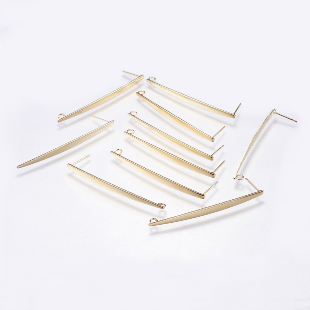 PandaHall Brass Stud Earring Findings, Bar, Real Gold Plated, 52x3.5x1mm, Hole: 2mm; Pin: 0.5mm Brass