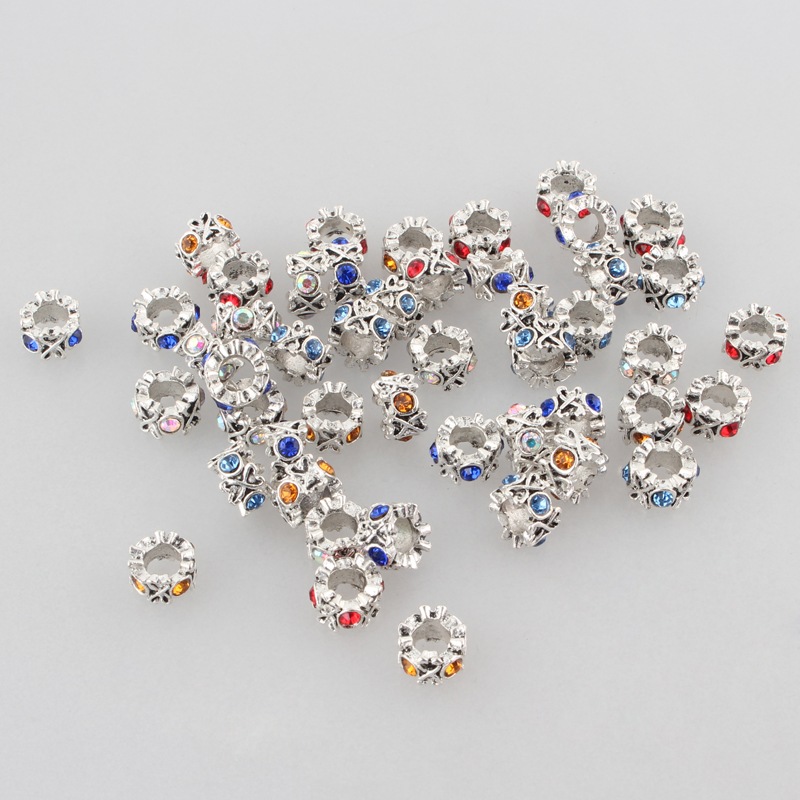 PandaHall Antique Silver Zinc Alloy Ring Rhinestone Large Hole Beads, Mixed Color, 10x6mm, Hole: 5mm Alloy+Rhinestone Rondelle