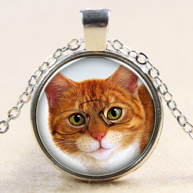 PandaHall Cat Pattern Flat Round Glass Pendant Necklaces, with Alloy Chains, Silver, 18" Alloy