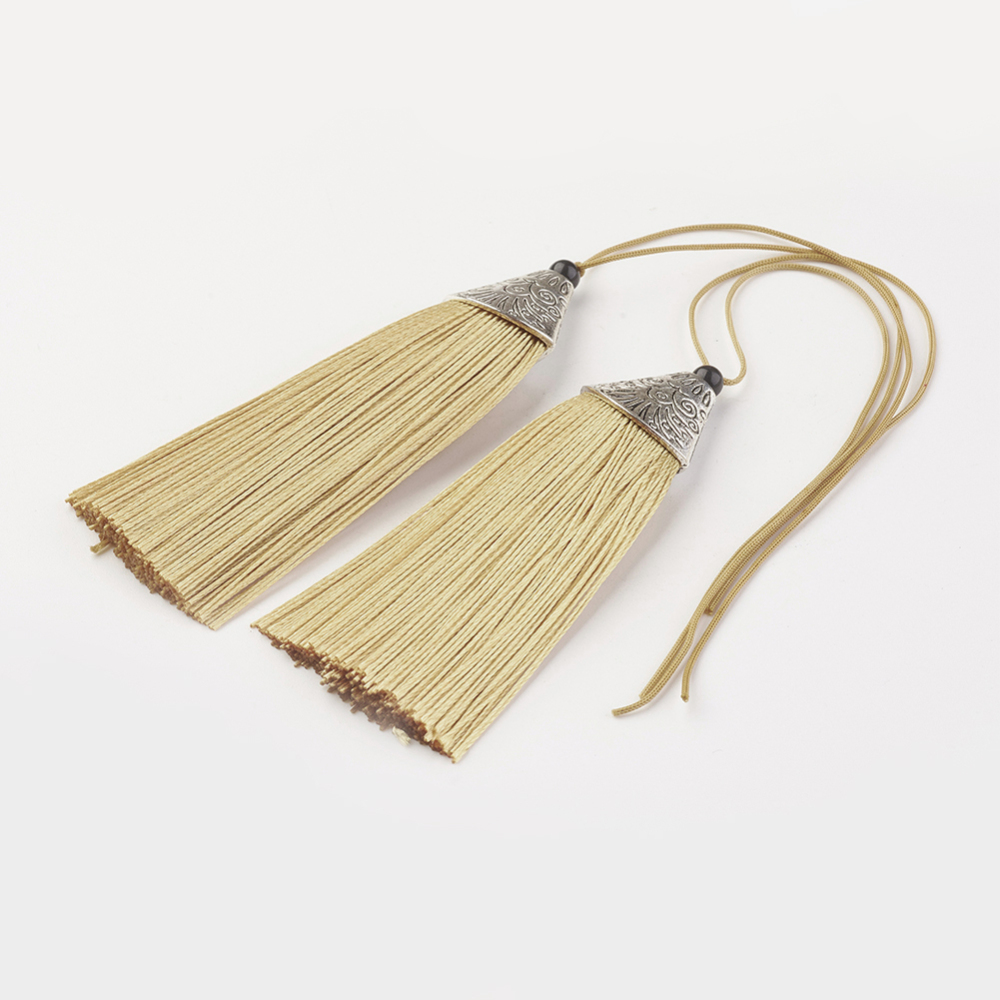 PandaHall Nylon Tassels Big Pendant Decorations, with CCB Plastic, Antique Silver, LightGoldenrodYellow, 85x20x10.5mm Nylon Yellow