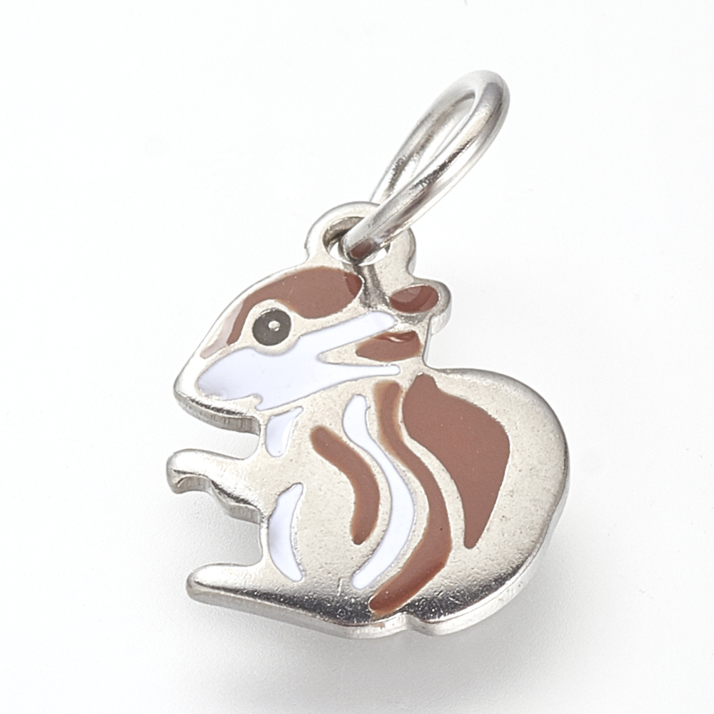 PandaHall 304 Stainless Steel Enamel Pendants, with Jump Ring, Squirrel, Stainless Steel Color, 20.2x11.6x1.5mm, Hole: 5mm(including jump...