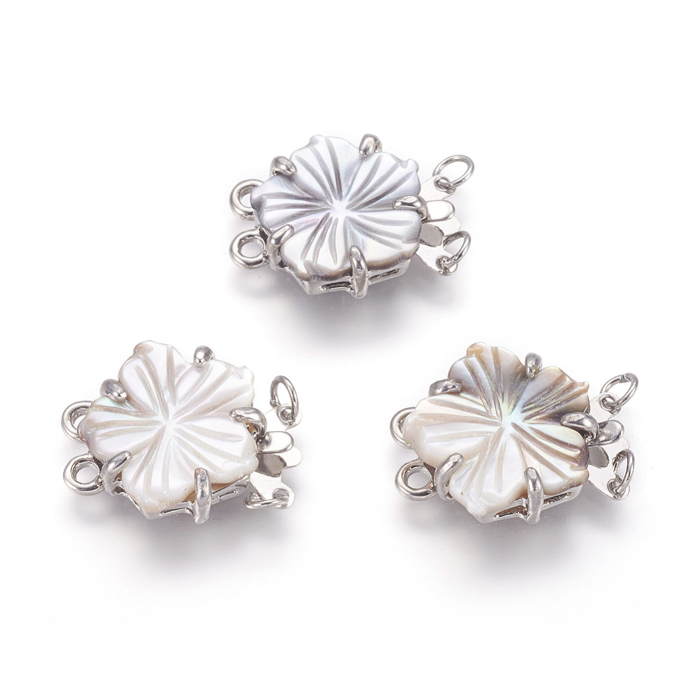 PandaHall Black Lip Shell Box Clasps, Multi-Strand Clasps, with Platinum Tone Brass Findings, Plum Blossom, 18x15x5mm, Hole: 2mm Shell...